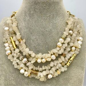 Stunning Vintage Sequin NYC Multi-Strand Pearl & White Stone Statement Necklace